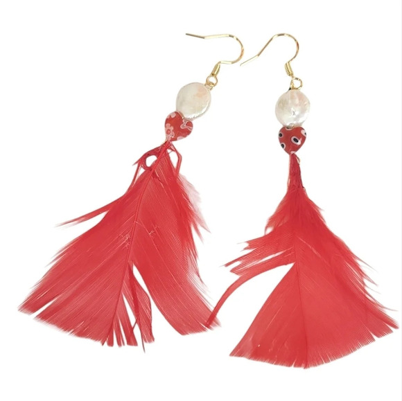 18k Hand Crafted Glass Hearts Freshwater Pearl Red Feather Earrings - Picture 3 of 3